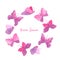 Watercolor round frame with pink flying butterflies. Hand drawn colorful violet fairy moths isolated on white background