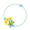 watercolor round frame with summer yellow flowers blow ball, hand draw dandelions, forget me not flowers and leaves