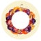 Watercolor round frame with whole and cut fruits: plums, cherries and peaches on a color background for creative design