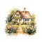 Watercolor rural cottage house among green trees with wooden fence hand painted illustration. Summer village cozy home