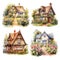 Watercolor rural cottage house among green trees with wooden fence hand painted illustration. Summer village cozy home