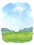 Watercolor rural landscape background with abstract blue sky and cloud, green grass field and distant trees line