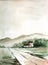 Watercolor rural summer landscape. Overcast grey sky, two-lane road through green fields, cute houses surrounded by vegetation and