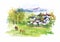 Watercolor rural village in green summer day illustration