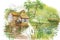 Watercolor rural village in green summer day illustration