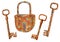 Watercolor rusted lock and keys set. Hand drawn old rusty vintage objects on white background