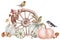 Watercolor rustic composition with pumpkins, birds and a wooden wagon wheel. Fall harvest. Hand-drawn illustration