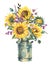 Watercolor rustic farmhouse sunflower bouquet, vintage jug, vase