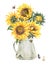 Watercolor rustic farmhouse sunflower bouquet, vintage white enamel jug, vase