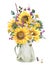 Watercolor rustic farmhouse sunflower, wildflowers, meadow flowers bouquet