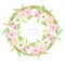 Watercolor rustic floral wreath with wood frame. Hand drawn greenery, blush and white flowers border isolated on white