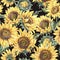 Watercolor rustic seamless pattern, farmhouse sunflower wildflowers