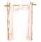 Watercolor rustic wedding arch with wood sticks decorated with peach curtains. Hand drawn wooden square archway isolated