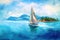 Watercolor sailboat sailing near the beautiful island.