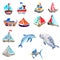 Watercolor sailboats and sea animals isolated on white background.