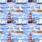 Watercolor sailing ships and lighthouse seamless pattern