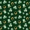 Watercolor Saint Patrick`s Day pattern with horseshoe and hat. Clover ornament. For design, print or background