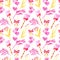 Watercolor Saint Valentines Day seamless pattern. Hand drawn fairy wand with red bow, golden leaves, plants, flowers and