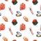 Watercolor salmon, squid, shrimp, sushi caviar isolated seamless pattern.