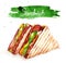Watercolor sandwich with lettering, classical fast food