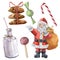 Watercolor Santa Claus and Christmas sweets. Hand painted Christmas character with bottle of milk, candies, cookies with