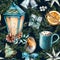 Watercolor scandinavian pattern of Christmas. Hand painted lantern, bells, robin, cookies, orange slice, cacao cup