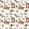 Watercolor scandinavian pattern with deers. Hand painted house, deers, pine branch with cones, orange, cinnamon stick