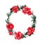 Watercolor scarlet roses wreath on white