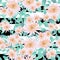 Watercolor scattered aster flowers light pink gold teal on black and white stripes seamless pattern