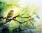 watercolor scene with a bird perched on a branch.