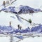 Watercolor scene of primordial humans in a snowy mountain landscape