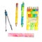 Watercolor school set with divider, colorful pencils, ruler, yellow pencil and pen on white background.