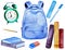 Watercolor school supplies with backpack, pen, pencil, rubber, books