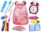 Watercolor school supplies with backpack, pen, pencil, rubber, books