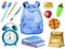 Watercolor school supplies with backpack, pen, pencil, rubber, books