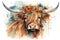 Watercolor scottish highland cow, beautiful highland cow with flowers on her head floral headband. Generative AI