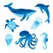 Watercolor sea animals set. Vector marine illustration of whale, dolphin, octopus