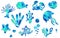 watercolor sea cute happy elements, starfish, seashells, crab and Stony Corals, sponge, fish, jellyfish, anemones, isolated illust