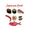 Watercolor sea food set with sushi, shrimp mussel fish and shells isolated hand drawn illustration on white for menus