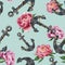 Watercolor sea seamless pattern with anchors and peony flowers. Isolated on blue background. For design, textile and