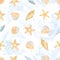 Watercolor sea seamless pattern of starfish, seashells, conch, peonies on an isolated white background. underwater world