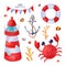 Watercolor sea set with cute sea creatures. Lighthouse, lifebuoy, crab, shells and anchor