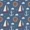 Watercolor sea signs pattern. Seamless texture with various lighthouses, anchor and seagulls.