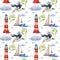 Watercolor sea signs pattern. Seamless texture with various lighthouses, anchor and seagulls.