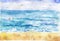 Watercolor sea sketch, blue waves and yellow sand, Hand drawn illustration of summer. Sea landscape