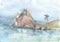 Watercolor sea, waves, mountains, landscape, beach, pine illustration