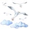 Watercolor. Seagull in the clouds. Sea icon