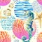 Watercolor seahorse, coral reef in gradient colored circle with doodle elements on pastel background