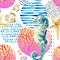 Watercolor seahorse, coral reef in gradient colored circle with doodle elements on white background