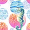 Watercolor seahorse, coral reef in gradient colored circle with doodle elements on white background